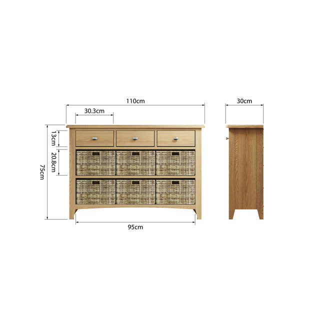 Rimini 3 Drawer 6 Wicker Basket Cabinet